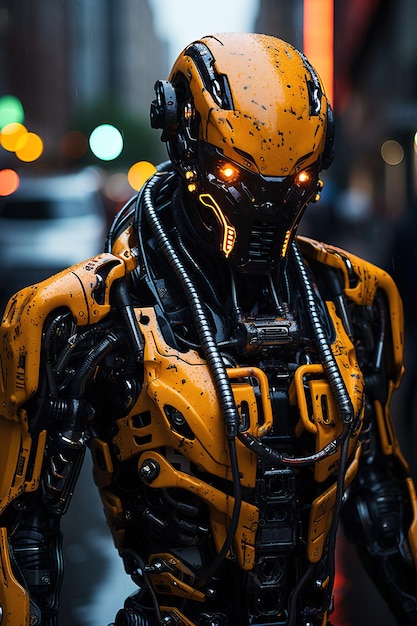 Foto una persona con una prenda de robot amarilla