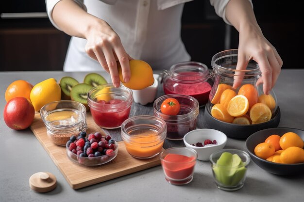 Persona preparando batido matutino con varios suplementos y frutas creados con ai generativo