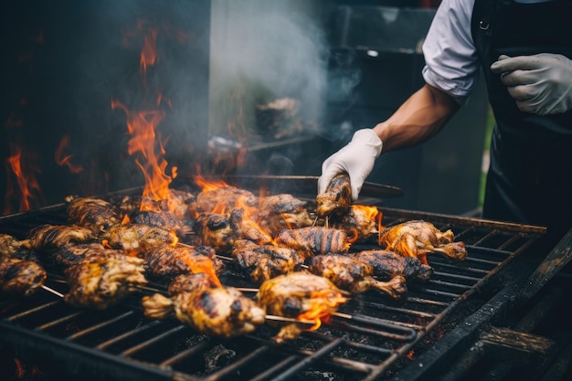 Foto la persona está preparando pollos en la parrilla de barbacoa