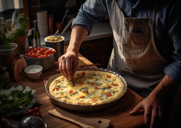 Foto una persona preparando una quiche casera en la cocina.