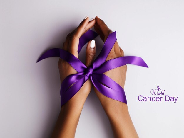 Foto persona de primer plano del día mundial del cáncer sosteniendo una cinta púrpura