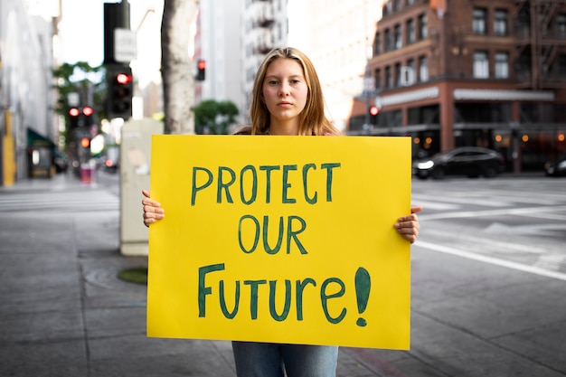 Persona protestando con pancarta en la ciudad por el día mundial del medio ambiente