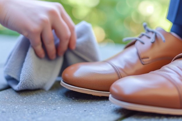 Persona pulindo un par de zapatos de vestido marrón con un paño