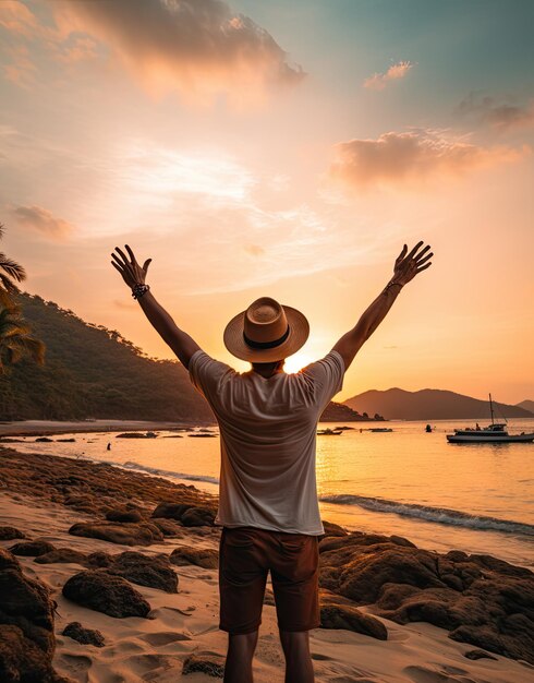 Foto una persona que abraza el atardecer celebra la paz en la playa