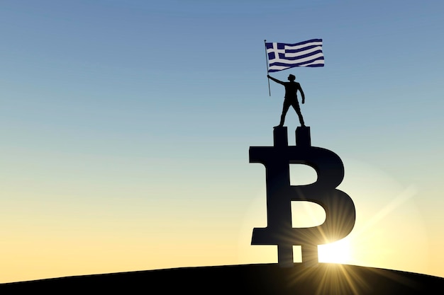 Persona que agita una bandera de grecia de pie sobre un símbolo de criptomoneda bitcoin d representación