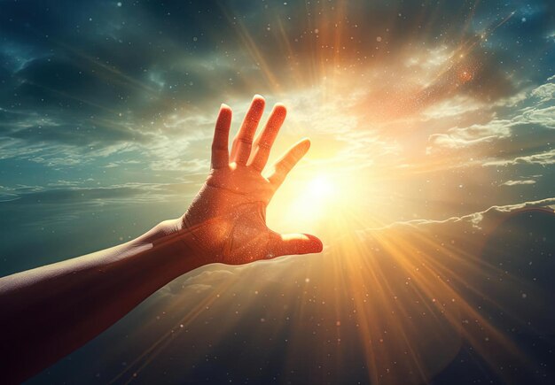 Foto la persona que alcanza el sol con su mano en el estilo de la influencia del futurismo