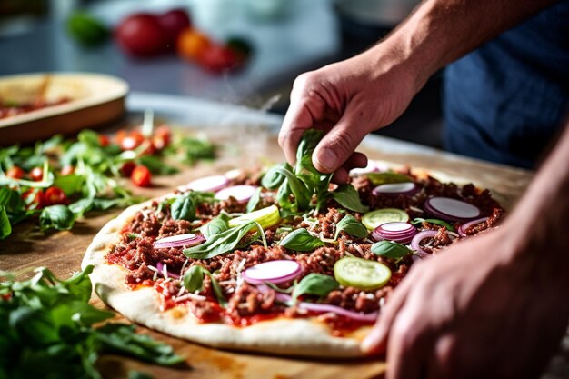 Persona que añade un toque final de albahaca fresca a una pizza de carne