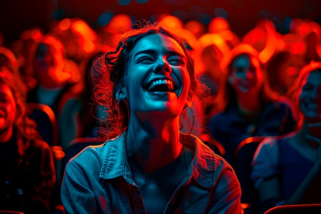 Una persona que asiste a un espectáculo de comedia y se ríe con la audiencia Una mujer se está riendo mientras se