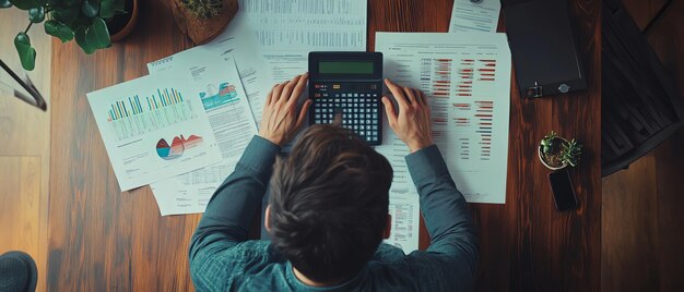 Persona que calcula los datos financieros en el escritorio