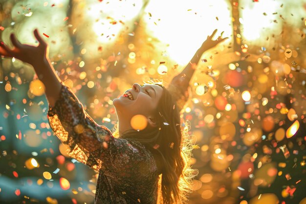 Foto persona que celebra y está agradecida