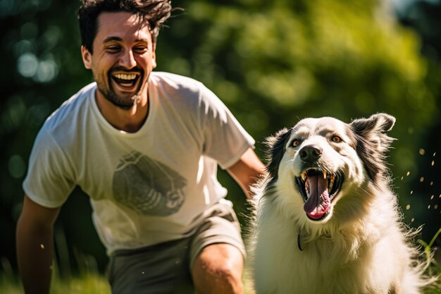 Una persona que comparte una risa con su enérgico border collie mientras juega a buscar