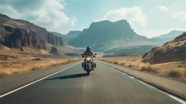 Una persona que conduce una motocicleta en una carretera con montañas al fondo.