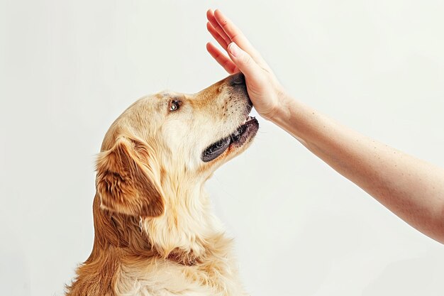 Persona que da los cinco a un feliz perro de compañía de color fawn