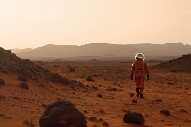 Persona que da los primeros pasos en el planeta rojo con vistas al horizonte lejano en el fondo