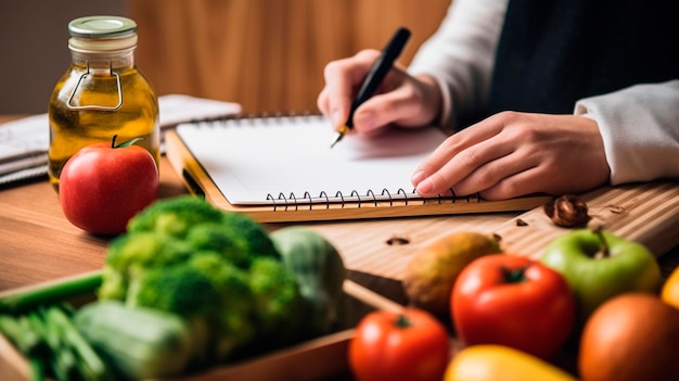 Una persona que elige opciones de alimentos saludables y prepara una lista de compras IA generativa