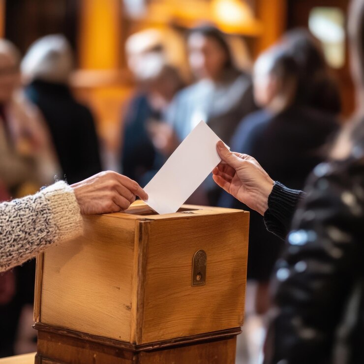 Una persona que emite una boleta en una caja de madera en un centro de votación que simboliza la participación democrática generación de IA