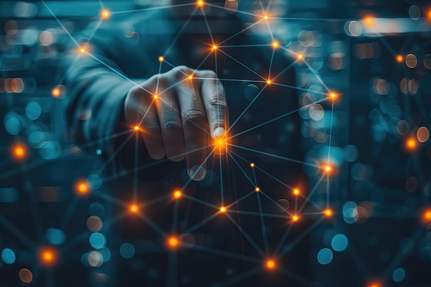 Persona que interactúa con una red de nodos brillantes que representan la conectividad tecnológica y el intercambio de datos en un concepto futurista