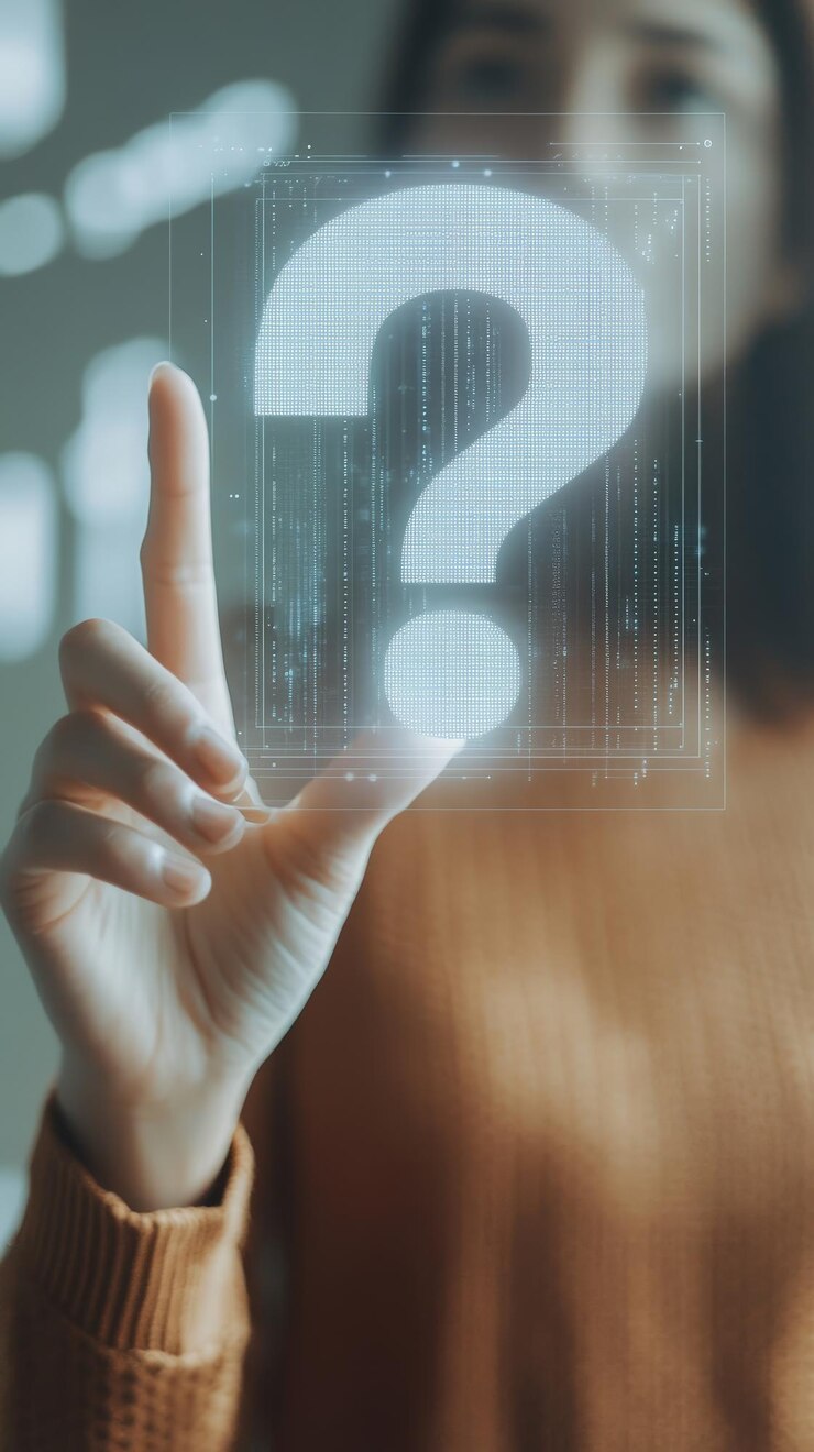 Foto persona que interactúa con un signo de interrogación holográfico en un entorno virtual concepto de investigación digital innovación y resolución de problemas adecuado para contenidos y presentaciones centradas en la tecnología