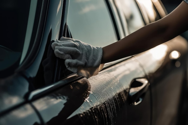 Persona que lava el espejo lateral del automóvil con inteligencia artificial generativa de tela