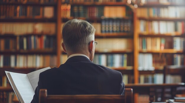 Persona que lee un libro en una gran biblioteca tradicional