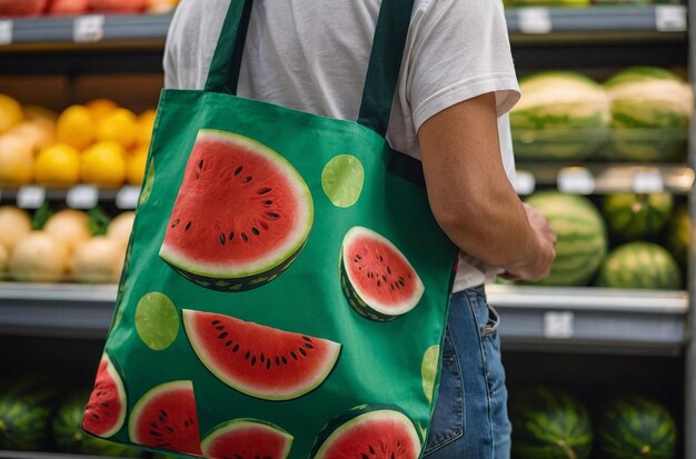 Una persona que lleva una bolsa con tema de sandía en el g