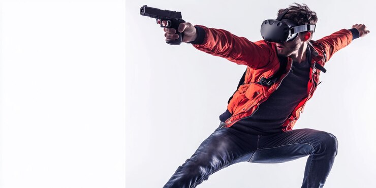 Una persona que lleva una chaqueta roja brillante sostiene un arma de fuego posiblemente para la caza o la autodefensa