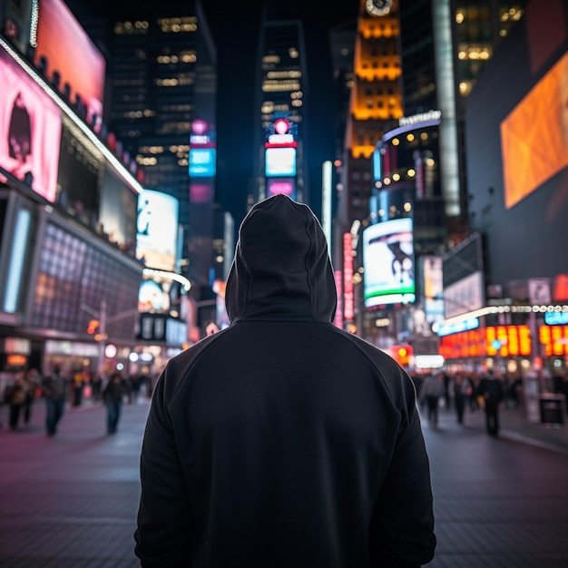 persona que lleva una maqueta negra con capucha profunda en Times Square de la ciudad de Nueva York