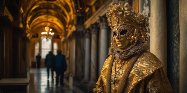 Persona que lleva una máscara de oro y un disfraz de carnaval de pie en el Palacio Ducal Venecia Italia Carnaval veneciano