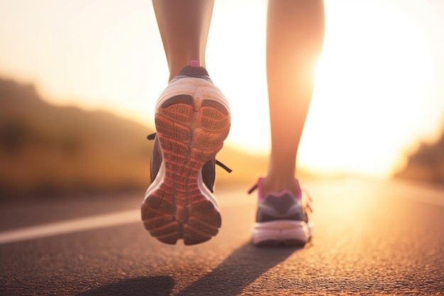 Una persona que lleva un par de zapatillas para correr camina por una carretera.