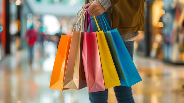 Persona que lleva varias bolsas de compras de colores en el centro comercial