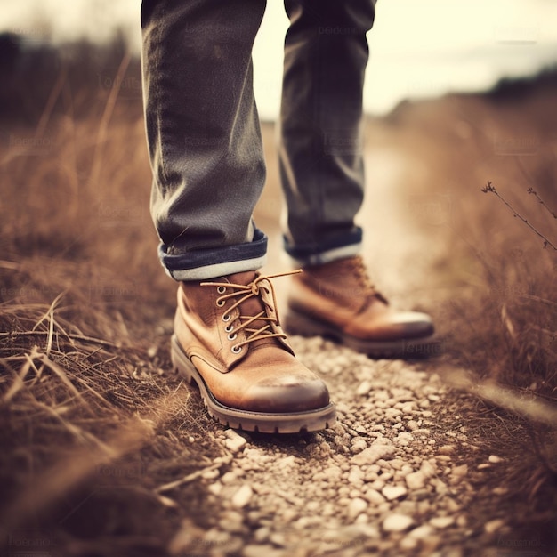 Una persona que lleva un zapato de cuero marrón se para en un camino.