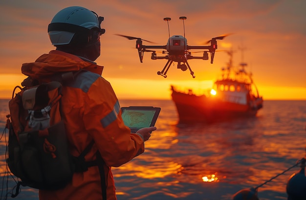 Foto una persona que opera un dron con una pantalla de tableta