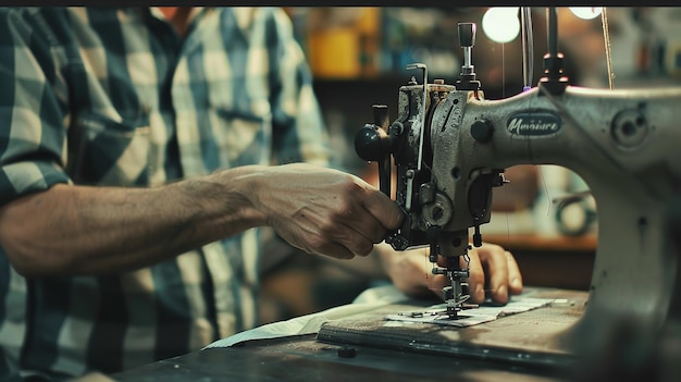 Una persona que opera una máquina de coser sin rostro IA generativa