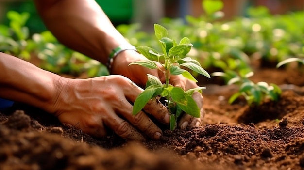 Persona que planta árboles o trabaja en un jardín comunitario promoviendo la producción local de alimentos y la restauración del hábitat concepto de sostenibilidad y compromiso comunitario ilustrador de IA generativa