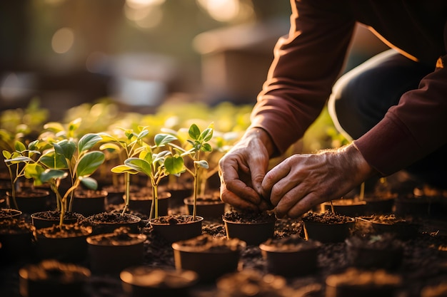 Persona que planta árboles o trabaja en un jardín comunitario que promueve la producción local de alimentos y el hábitat