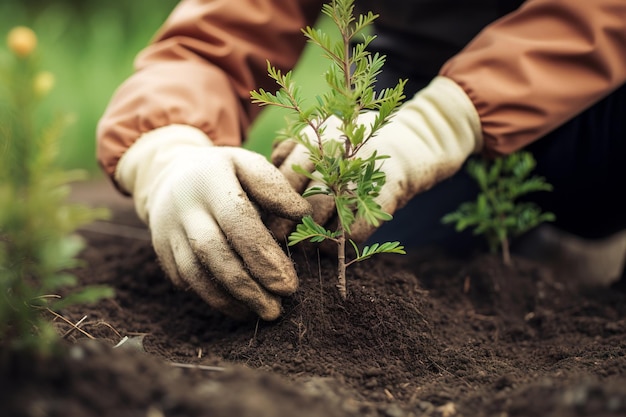 Persona que planta plántulas en el suelo voluntario que trabaja con árboles jóvenes IA generativa