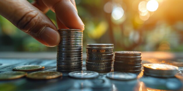 Persona que pone una moneda en una pila de monedas