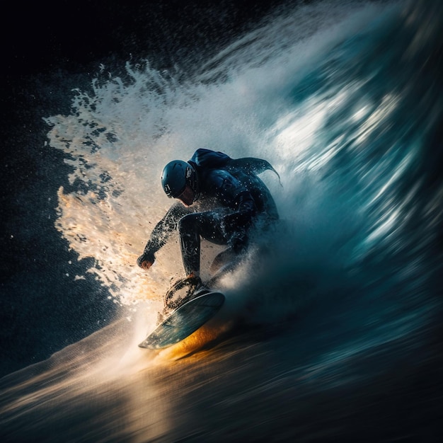 Persona que practica surf surfeando en un mar ondulado con IA generativa de agua salpicada
