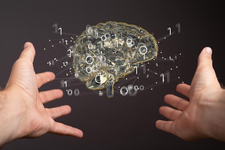 Foto persona que presenta la proyección virtual del cerebro humano rodeada de 1s y 0s