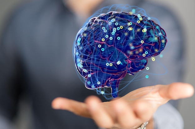 Persona que presenta una representación en 3D de las pruebas de coeficiente intelectual del cerebro humano y el concepto de inteligencia artificial