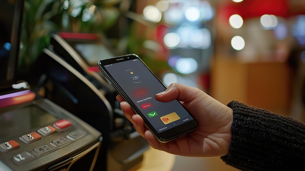 Persona que realiza un pago en línea con una tarjeta de crédito en una terminal de pago