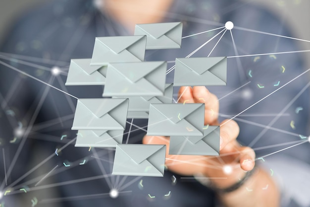 Persona que señala hacia íconos de correo electrónico renderizados en 3D y concepto de cadena de conexión digital de tecnología