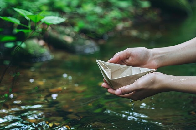 Persona que sostiene un barco de papel