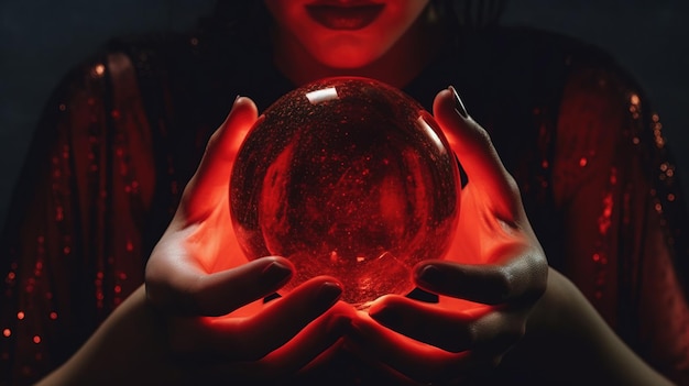 Foto una persona que sostiene una bola de cristal roja arte generativo de ia