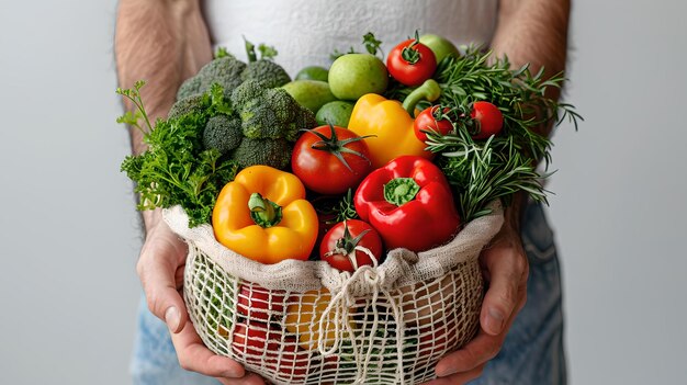 Persona que sostiene una bolsa de malla sostenible llena de productos orgánicos frescos, verduras y frutas de colores, estilo de vida y concepto de alimentación saludable, compras ecológicas, IA