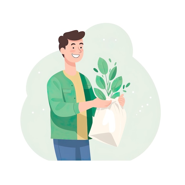 Persona que sostiene una bolsa de papel con plantas en ella