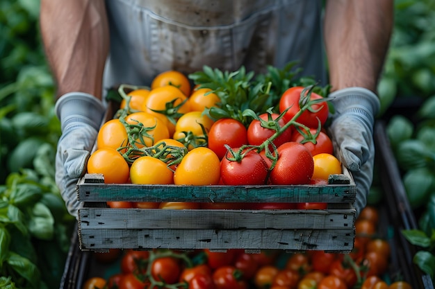 Persona que sostiene una caja llena de tomates