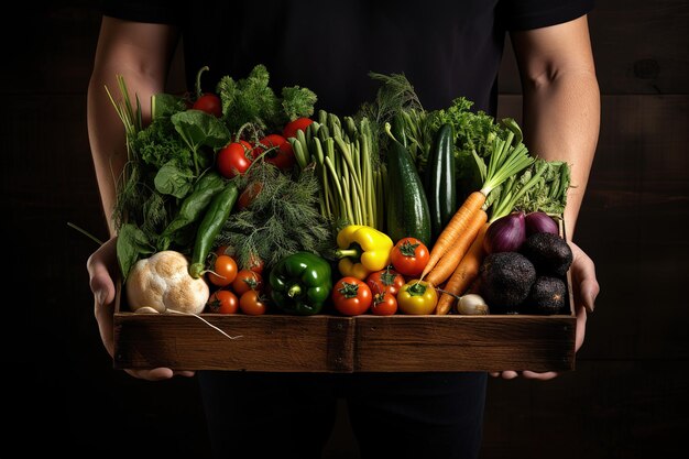 persona que sostiene una canasta de verduras