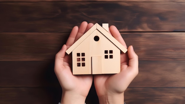 Una persona que sostiene una casa de madera con la palabra hogar.