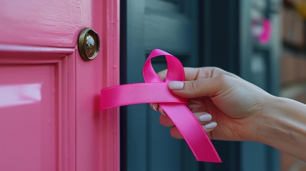 Foto persona que sostiene una cinta rosa en la puerta rosa cáncer de mama